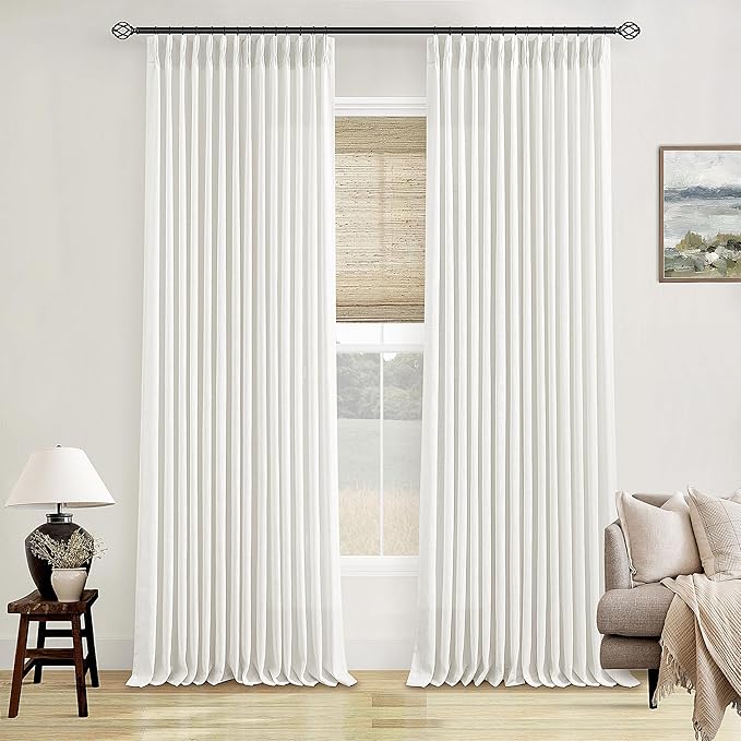 Beige White Pinch Pleated Linen Curtains 132 Inches Long 2 Panels for Living Room Bedroom Memory Training Shaped Semi Sheer Pleat Drapes with Hooks Rings Light Filtering Window Curtain 40x132