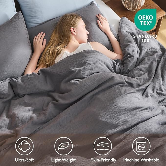 EMME Muslin Cotton Duvet Cover Set Dark Grey Queen Size Linen Like Soft Breathable Lightweight Summer Comforter Cover Set with Zipper Closure (Dark Grey, Queen, 90"x90")