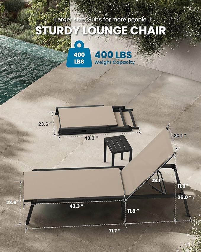 Foldable Pool Lounge Chairs, Aluminum Chaise Lounge Outdoor with 5 Positions Recliner - Free Assembly - Patio Lounge Chair for Poolside, Beach (Khaki)