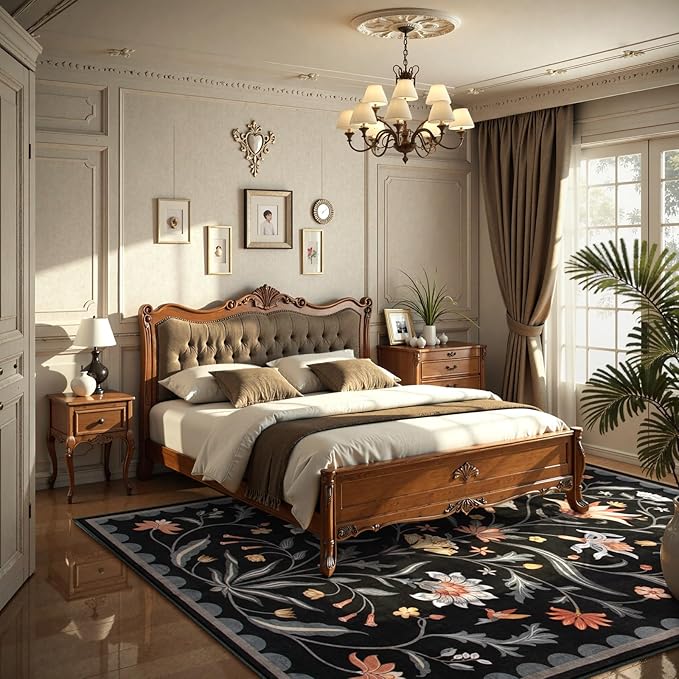 Lahome Boho Floral Washable Black 5x7 Area Rugs for Living Room, Non Slip Rugs for Bedroom Entryway, Indoor Ultra-Thin Throw Dining Room Carpet for Under Table Kitchen Dorm(Black,5x7)