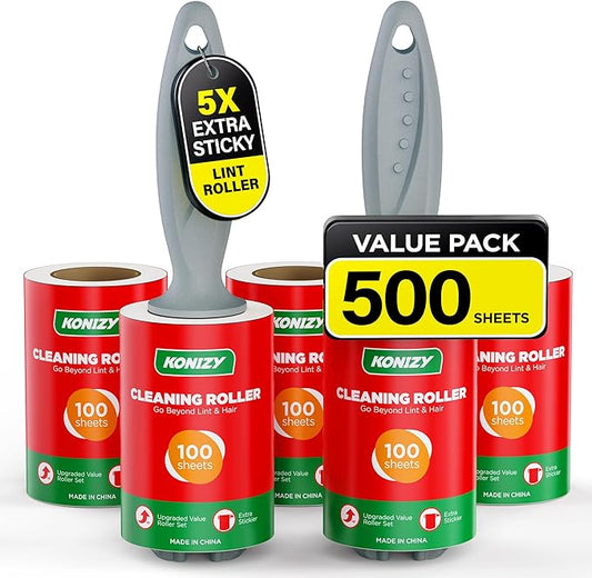 Lint Rollers for Pet Hair Extra Sticky, 500 Sheets Mega Value Set Roller with 2 Upgraded Handles, 5 Portable Remover Clothes, Furniture, Carpet, Dog & Cat Removal