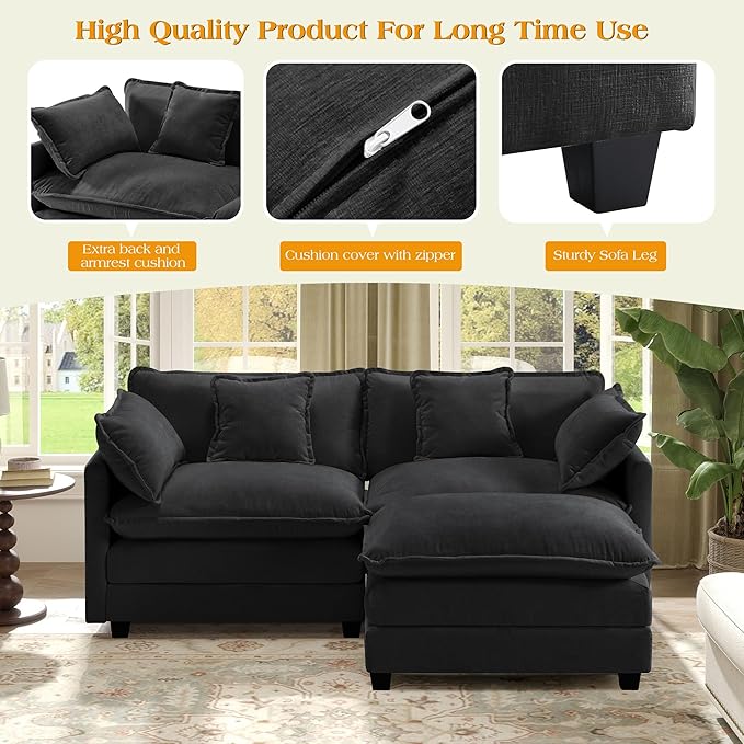 77.6" Modular Sectional Sofa,Loveseat Couch for Living Room, Modern Deep Seat Sofa 2 Seater Chenille Fabric Comfy Cloud Couches with Throw Pillows & Ottoman for Apartment,Small Spaces