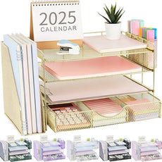 gianotter Desk Organizers and Accessories with File Holder, 4-Tier Desk Accessories & Workspace Organizers with Drawer and 2 Pen Holder, Paper Organizer for Office Supplies(Gold)