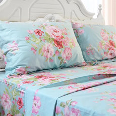 FADFAY Shabby Pink Floral Bed Sheet Set Cotton Deep Pocket Sheets 4-Piece King Size