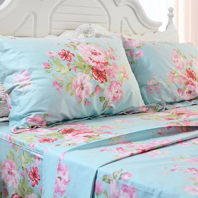 FADFAY Shabby Pink Floral 4 Piece Bed Sheet Set 100% Cotton Deep Pocket-Queen