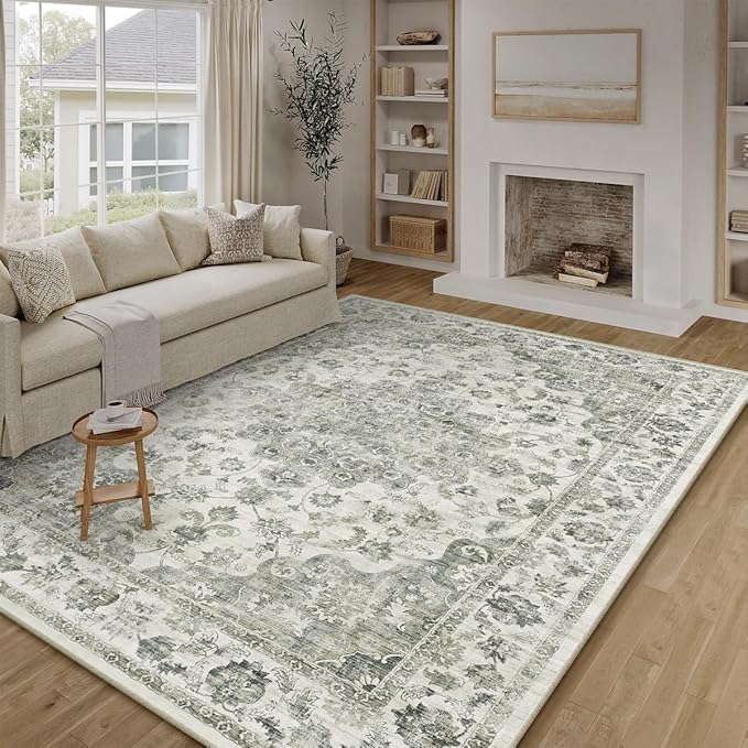 12x15 Neutral Area Rug Green Vintage Living Room Bedroom Washable Carpet Non-Slip Soft Low Pile Floral Indoor Large Throw Rug for Dining Room Office