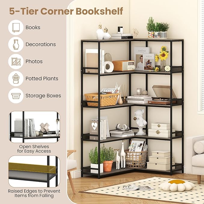 Giantex 5-Tier Corner Bookshelf, 71" L-Shaped Bookcase, Tall Etagere Bookshelf with Metal Frame, Industrial Open Display Shelf, Vertical Storage Rack for Living Room, Study, Office (Oak)