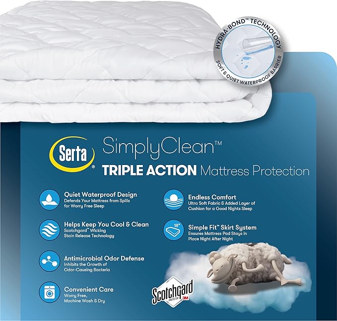 Serta Simply Clean Triple Action Mattress Pad, Waterproof Mattress Pad, Ultra Soft and Stain-Resistant Mattress Pad, Machine Washable, Twin XL, White