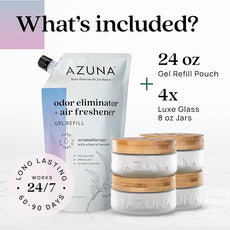 Azuna Air Freshener & Odor Eliminator for Strong Odor | 4 Room Kit Includes (4) Empty Luxe Glass Jar & 24oz Gel Refill with Tea Tree Essential Oil | Aromatherapy | Last 60-90 Days