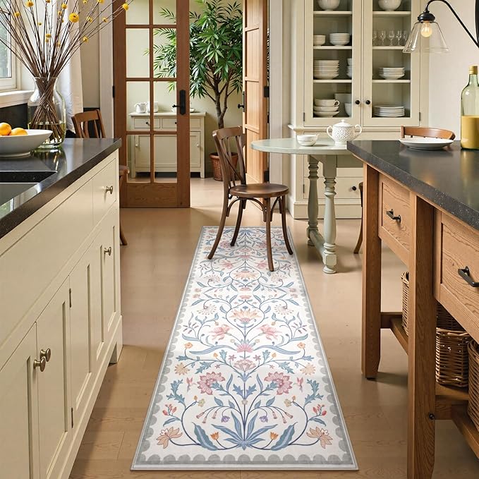 Lahome Boho Floral 2x6 Bathroom Runner Rugs Non Slip Washable, Grey/Beige Soft Runners for Hallways, Indoor Carpet Runner with Rubber Backing for Bedside Entryway Kitchen(Grey/Beige,2x6)