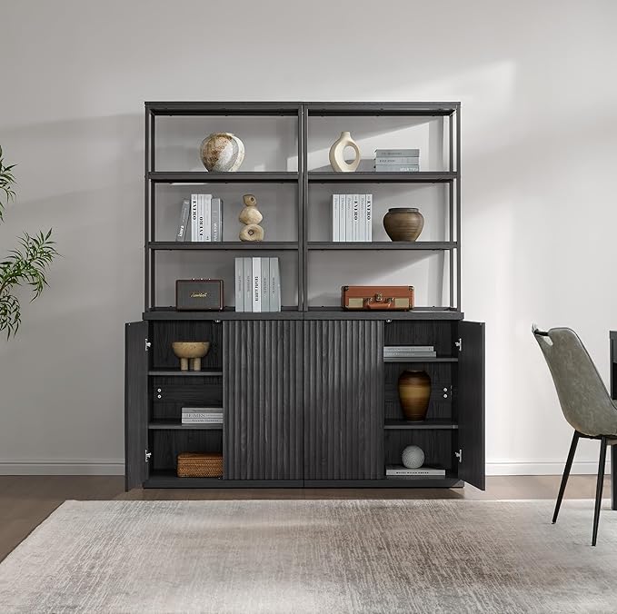 SICOTAS Fluted Book Shelf with Doors - 75" Tall Bookshelf with Storage 6 Tier Large Bookcase with Bottom Cabinet - Modern Metal Book Case for Living Room, Home Office, Bedroom, Kitchen, 3 Pieces