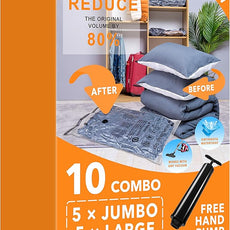 Vacuum Storage Bags (5 x Jumbo, 5 x Large), Space Saver Sealer Compression Bags with Travel Hand Pump for Blankets, Comforters, Pillows, Clothes Storage