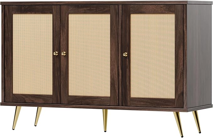JAMFLY Buffet Cabinet With Storage, Kitchen Storage With 3 Rattan Decorated Doors, Accent Sideboard for Dining Room, Living Room, Entryway, Hallway, Walnut