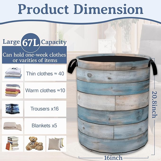 Rustic Wood Grain Laundry Basket,Foldable Waterproof Oxford Cloth Tote Bag Vintage Barn Wooden Laundry Hamper with Handles,20.8"x16" Clothes Storage Bucket Organizer for Laundry Room Bathroom Bedroom