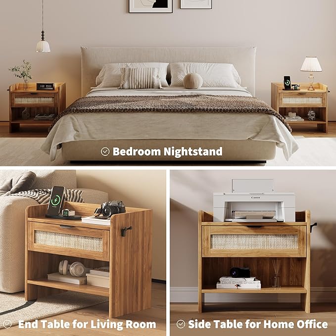 Rattan Nightstand, Bedside Table with Type-C Charging Station - 1 Storage Drawer & Open Storage Space, Boho End Table Side Table for Bedroom Office, Large Night Stand with Charging Port
