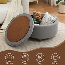 30Inch Round Storage Ottoman with Tray, Modern Tufted Fabric Circle Coffee Table with Storage, Upholstered Ottoman with Removable Top for Living Room, Bedroom, Light Grey