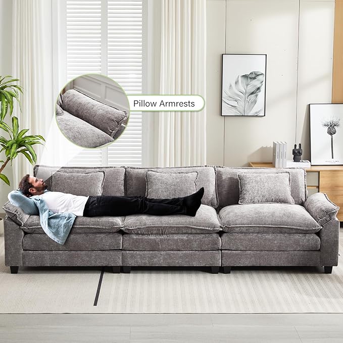 120" Modular Sectional Sofa, Comfy Cloud Couch Sectional Sofa, Chenille Sofa Sleeper Deep Seat Sofa with Throw Pillows for Living Room (Light Gray, 120"- 3 Seater)