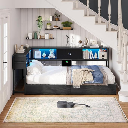 Hasuit Corner Bed Frame Twin XL with Storage Drawers and Bookcase Headboard, Metal Platform Corner Bed Frame with Charging Station and LED Lights, Twin XL Size Daybed for Kids Teens Guests, Black