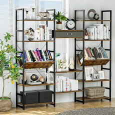 NUMENN Triple Wide 5 Tier Bookshelf, Adjustable Rustic Industrial Style Book Shelves, Modern Bookcases and Bookshelves Furniture for Bedroom, Living Room and Home Office, Vintage Brown