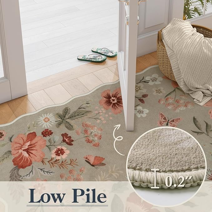 Lahome Floral Washable Rugs for Bedroom, 4X6 Area Rug Ultra-Thin Soft Living Room Rug, Non-Slip Classroom Stain Resistant Lightweight Boho Low-Pile Throw Carpet for ‎Office, Brown