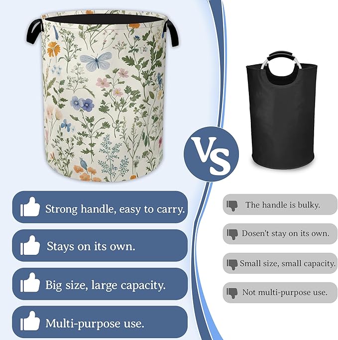 Wildflowers Laundry Hamper With Handle,Foldable Oxford Cloth Vintage Plants Herb Flower Butterfly Laundry Basket,20.8"x16" Clothes Storage Basket for Laundry Room/Bedroom/Bathroom