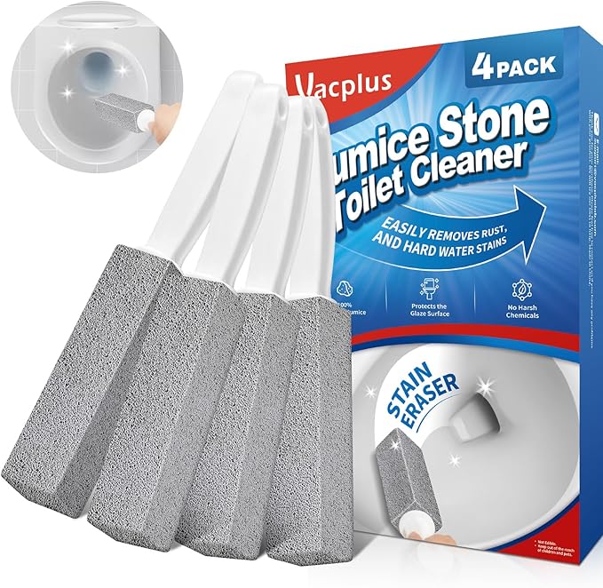 Vacplus Toilet Brush - Toilet Bowl Cleaners with Extra Long Handle, 100% Pumice Stone for Toilet Cleaning, Remove Limescale, Rust, Cleaning Supplies for Toilet, Pool, Bathroom, Sink, 4 Pack