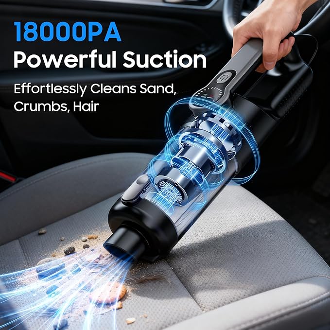 Cordless Handheld Vacuum for Car and Home, 18000Pa Strong Suction, 35 Mins Runtime with Multiple Nozzles & LED Light, Portable Cleaner for Pet Hair and Car Seats