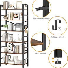 Homeiju 6 Tier Bookshelf, Industrial Bookcase with 8 Hooks, Vintage Storage Rack with Open Shelves, Rustic Standing Bookshelves Metal Frame Display Rack for Living Room, Bedroom, Rustic Brown