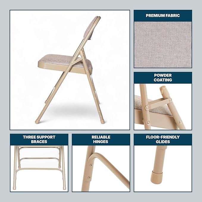 OEF Furnishings OEF2300 Series Heavy-Duty Premium Fabric Padded Upholstery Double-Hinged Triple-Braced Folding Chairs (4-Pack, French Beige)