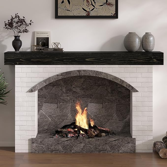 Fireplace Mantel 60inch, Solid Wood Mantel Shelf Handcrafted Rustic, Handcrafted Wood Fireplace Mantels Floating Mantle Shelves Decor for Wall, Bedroom, TV, Books, Livingroom 60 X 8 X 5 - Black