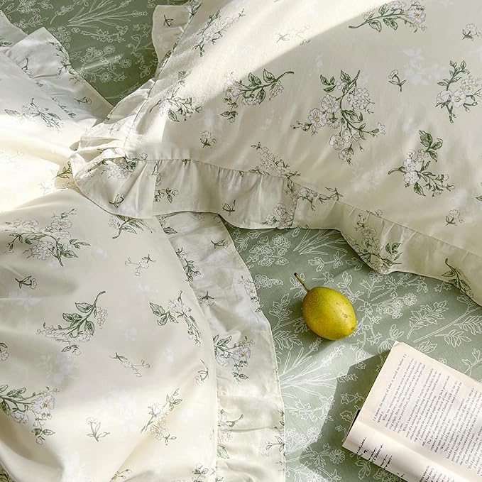 MKXI Queen Size Beige & Green Floral Comforter Set - 3 Piece Ruffled Lace Bedding Set with Reversible Design, Soft Aesthetic Cottagecore Style Green Leaf Comforter for Girls, Women, and Teens