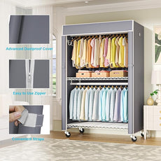 FUTASSI White Clothing Rack with Grey Cover, P1C Plus Rolling Closets with Wheels, Metal Garment Rack for Hanging Clothes, Clothing Storage Wardrobe, 46