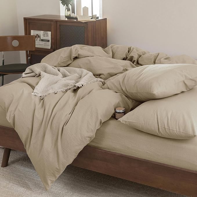 FOSSA Duvet Cover Set 100% Washed Cotton Linen Feel Super Soft Breathable Cozy 3 Pieces Bedding Sets Solid Light Khaki King