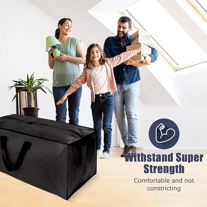 8 Pack Large Strong Bags with Zippers & Carrying Handles - Water-Resistant - Heavy Duty Storage Tote for Space Saving, Fold Flat, Alternative to Moving Box (Black)