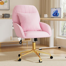 Pink Velvet Desk Chair with Pillow, Upholstered Home Office Desk Chair Makeup Vanity Chair with Swivel Wheels, Ergonomic Office Chair Computer Task Chair for Living Room, Bedroom