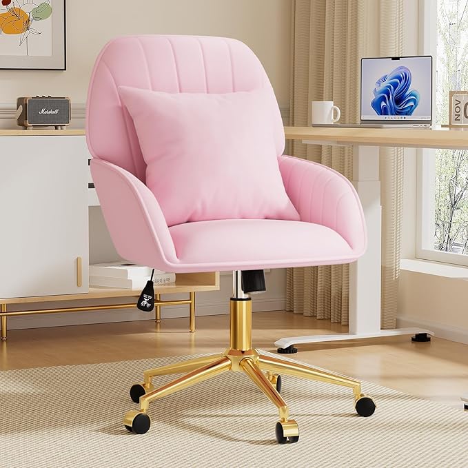 Pink Velvet Desk Chair with Pillow, Upholstered Home Office Desk Chair Makeup Vanity Chair with Swivel Wheels, Ergonomic Office Chair Computer Task Chair for Living Room, Bedroom