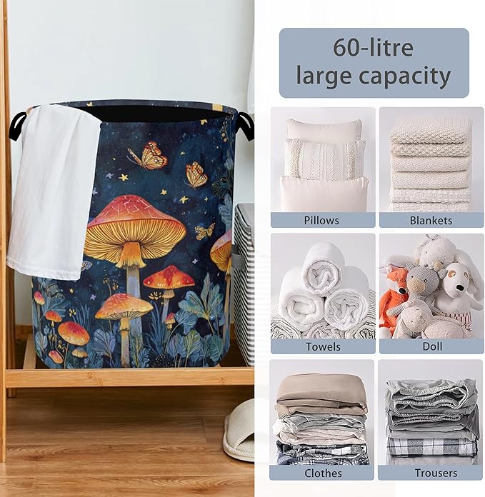 Mushroom Laundry Basket,Butterfly Moon Foldable Oxford Cloth Tote Bag Laundry Hamper Clothes Storage Bucket Organizer for Bedroom Laundry Storage Dormitories 16" x 20.8"