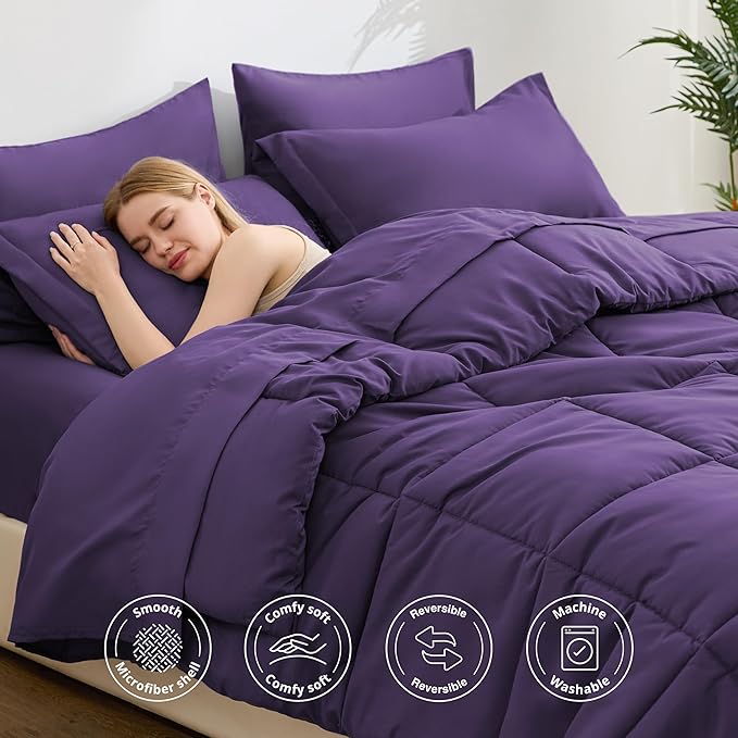 Love's cabin Twin Comforter Set Dark Purple, 5 Pieces Twin Bed in a Bag, All Season Bedding Sets with 1 Comforter, 1 Flat Sheet, 1 Fitted Sheet, 1 Pillowcase and 1 Pillow Sham