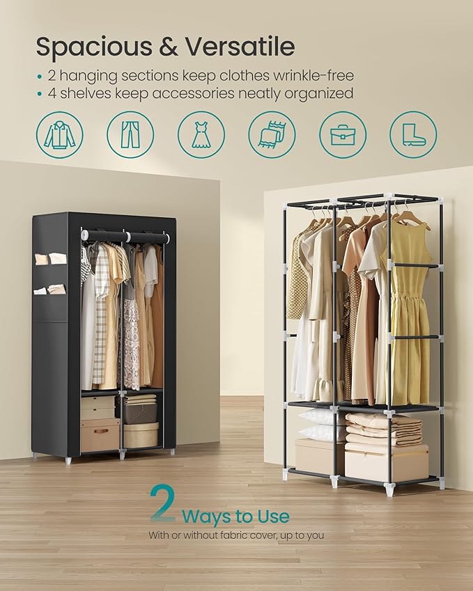 SONGMICS Portable Closet, Wardrobe Closet Organizer with Cover, 2 Hanging Rods and Shelves, 4 Side Pockets, 33.9 x 17.7 x 65.7 Inches, Large Capacity for Bedroom, Living Room, Ink Black URYG091B01
