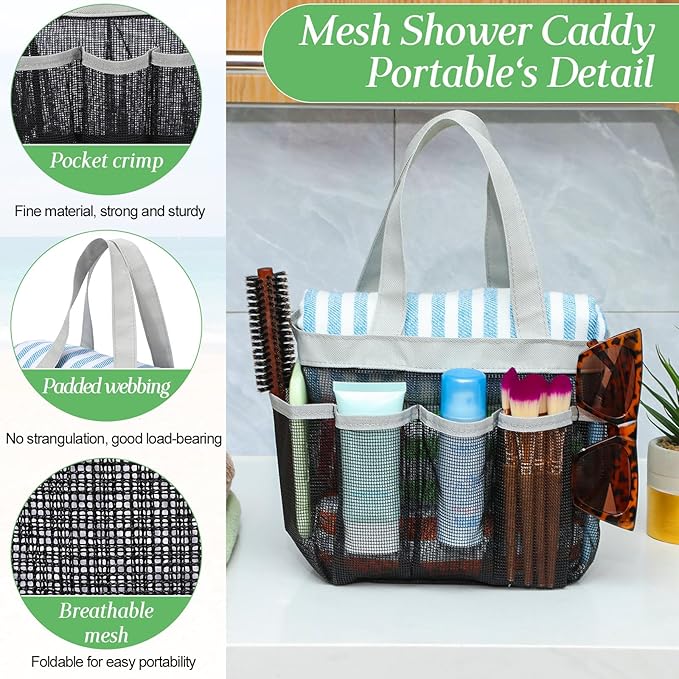 Hillban 4 Pcs Mesh Shower Caddy Portable Large Quick Dry Shower Caddy Basket with Deeper 8 Pockets and 2 Handles Hanging Bag for College Dorm Room(Gray)