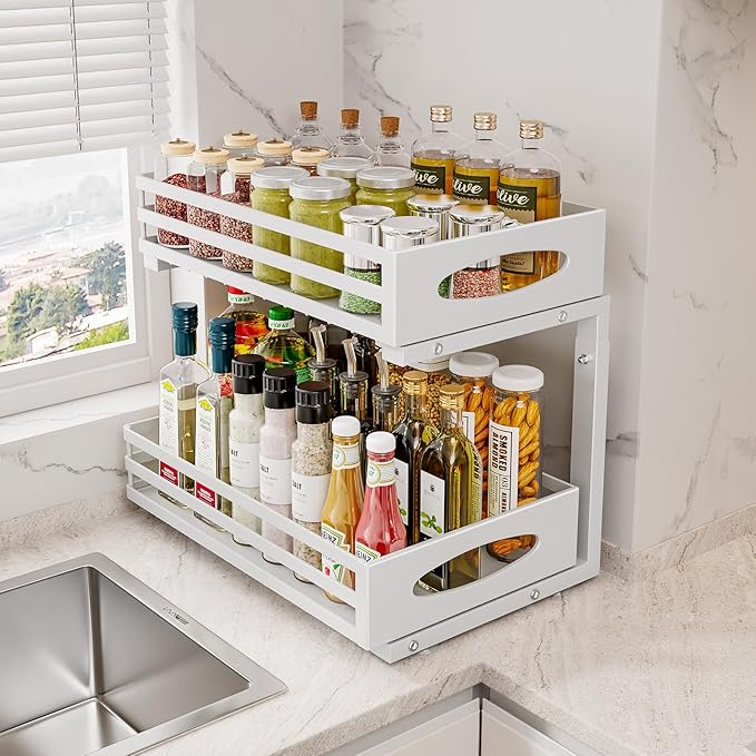 Under Sink Organizer, 2 Tier Under Sink Organizers and Storage, Adjustable Height, Slide Out Metal Cabinet Organizers, Pull Out Cabinet Storage Drawer Shelf for Kitchen Bathroom