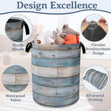 Rustic Wood Grain Laundry Basket,Foldable Waterproof Oxford Cloth Tote Bag Vintage Barn Wooden Laundry Hamper with Handles,20.8