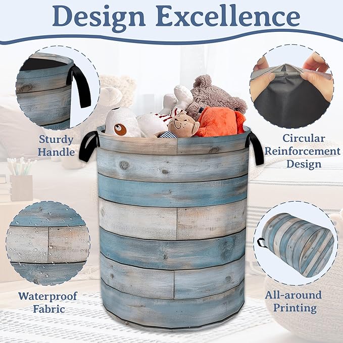 Rustic Wood Grain Laundry Basket,Foldable Waterproof Oxford Cloth Tote Bag Vintage Barn Wooden Laundry Hamper with Handles,20.8"x16" Clothes Storage Bucket Organizer for Laundry Room Bathroom Bedroom