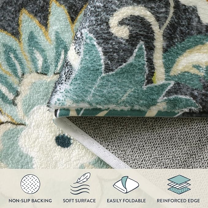 Lahome Floral 5ft Round Rug - Washable Large Boho Round Rug for Living Room Non-Slip Throw Circle Rug for Dining Room Table, Soft Blue Paisley Print Floor Carpet for Bedroom Office Kitchen Entryway