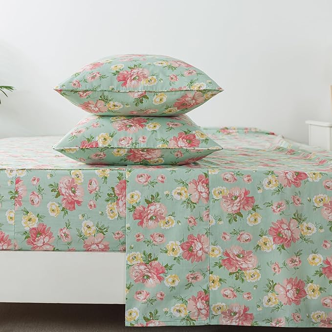 FADFAY Sheets Set Full Pink Rose Floral Shabby Yellow Peony Bed Sheet Set Vintage Farmhouse Cotton Soft Breathable With Deep Pocket Fitted Sheet 4Pcs, Full Size