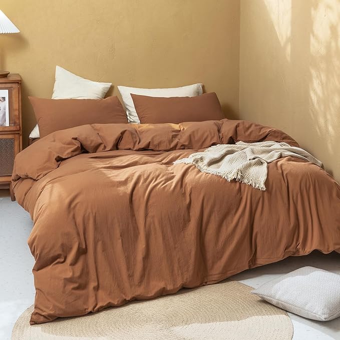 FOSSA Linen Duvet Cover Set 100% Washed Cotton Linen Feel Super Soft Breathable Cozy Simple Style 3 Pieces Bedding Sets Solid Dark Orange Super King Plus