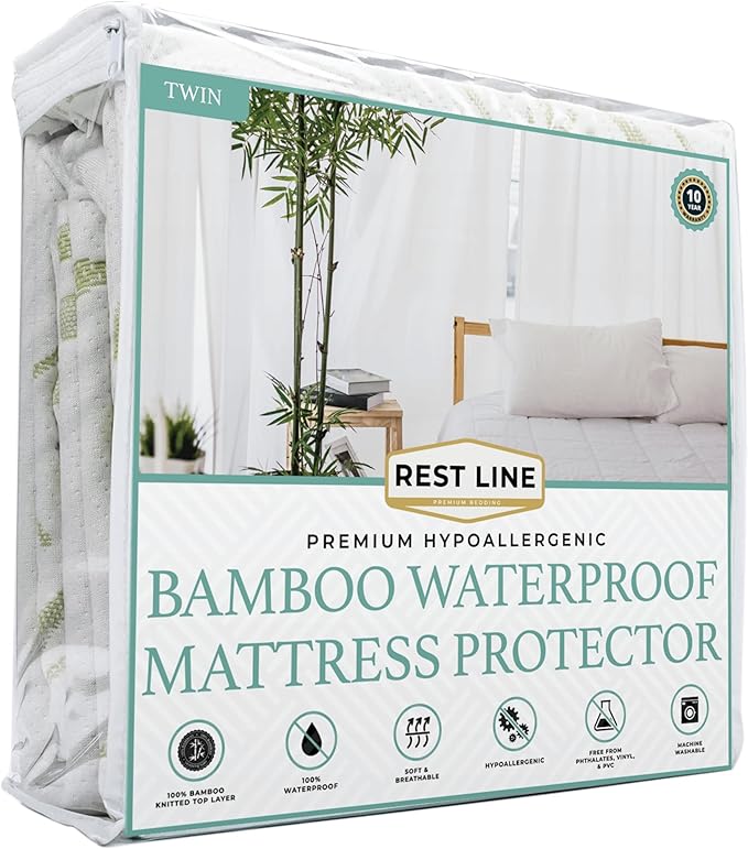 Twin Size 39x75” Premium Bamboo Waterproof Mattress Protector, 100% Viscose from Bamboo, Hypoallergenic, Cooling Mattress Pad Cover, Soft & Breathable Fitted Sheet Style up to 18" Deep - Rest Line