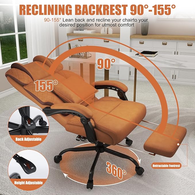 Ergonomic Office Chair with Footrest, 400lbs High Back Executive Home Office Computer Chair with Unique Ear-Shape Headrest for Neck Support,Brown Leather Office Chairs for Home Office Work