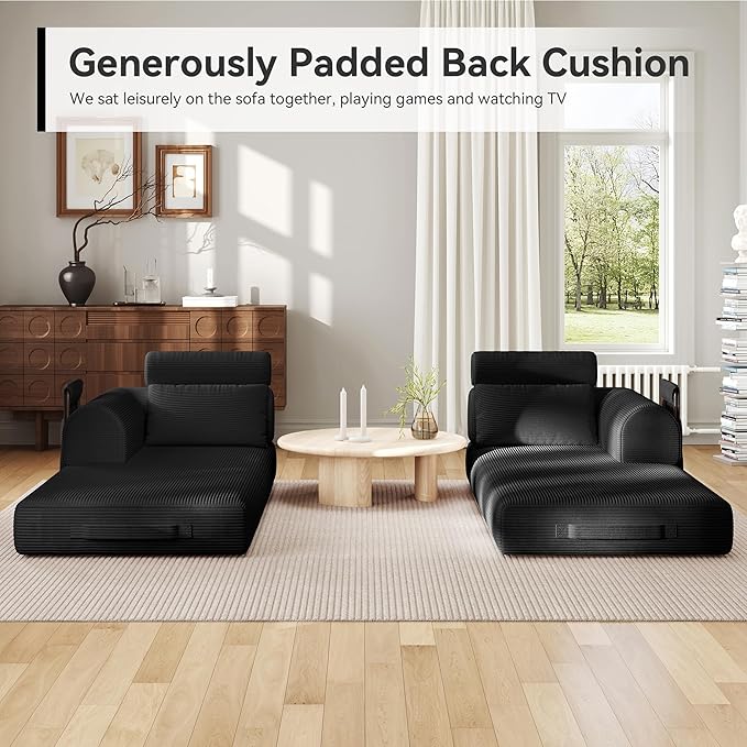 Upgrade High Backrest Design Sofa Bed with Fixed-Shape Frame & Removable Armrests and Backrest, Corduroy Fabric, Convertible Mattress Couch for Small Spaces - No Assembly Neede (High Backrest Black)