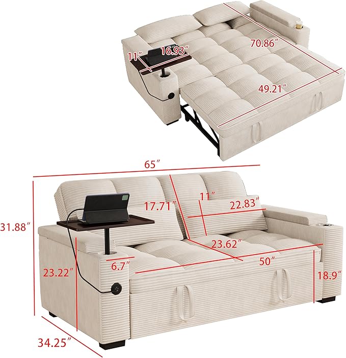 65" Sofa Bed, Loveseat 3-in-1 Sleeper Sofa with Pull Out Bed, 360° Swivel Side Table and USB, 2 Seater Convertible Small Couch for Living Room Apartment (Beige, Corduroy)